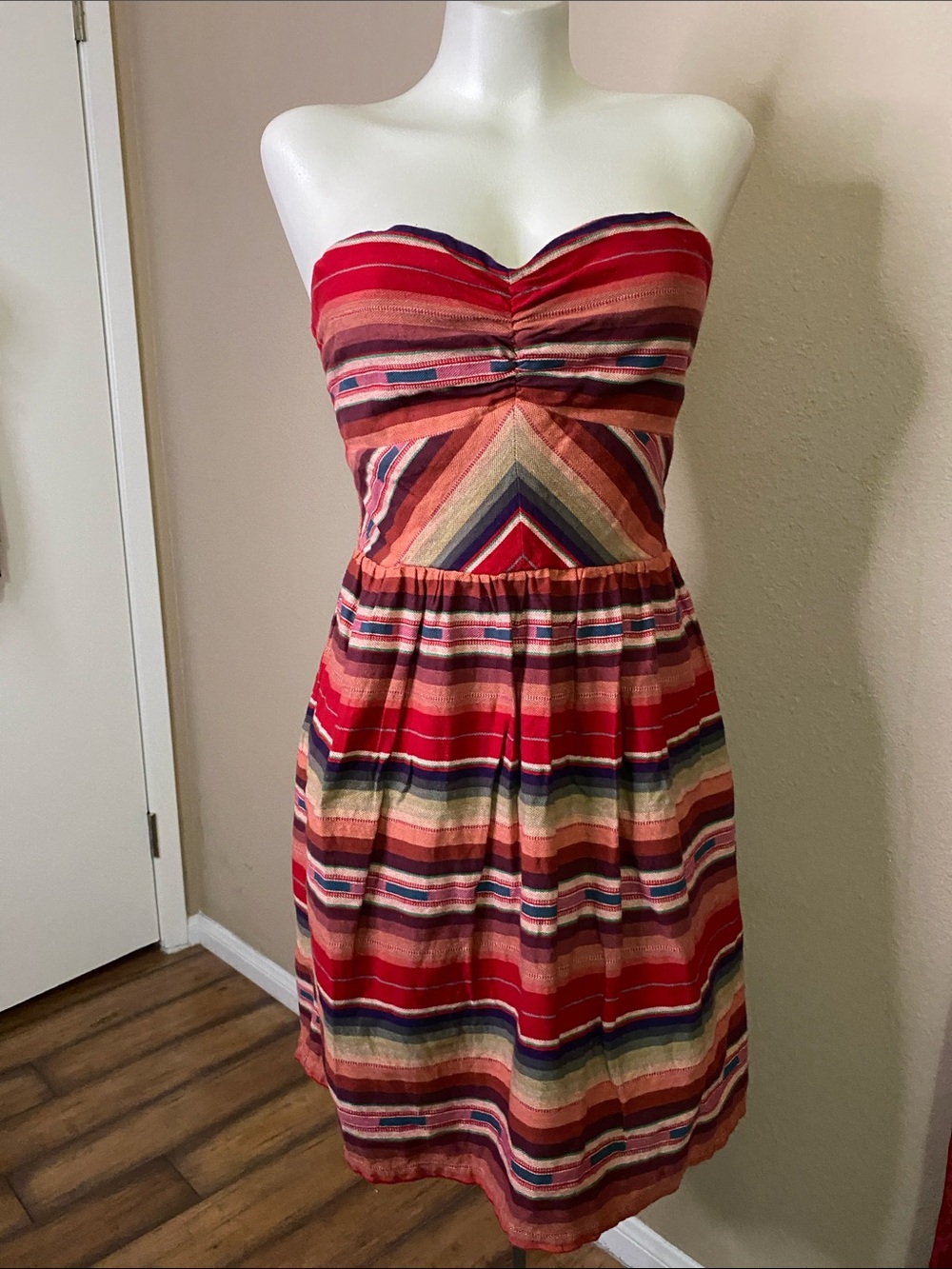 Roxy Strapless Red Multicolor Stripe cotton beach boho Sundress XL
